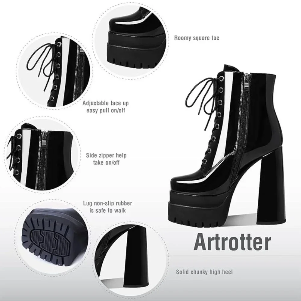 Patent PU Platform Lug Boots Chunky Block High Heel Ankle Boots‎ Size 8